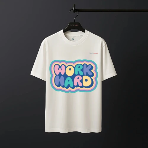 "Work Hard" Front Side Printed | Motivational Drop shoulder T-Shirt – Vibrant & 